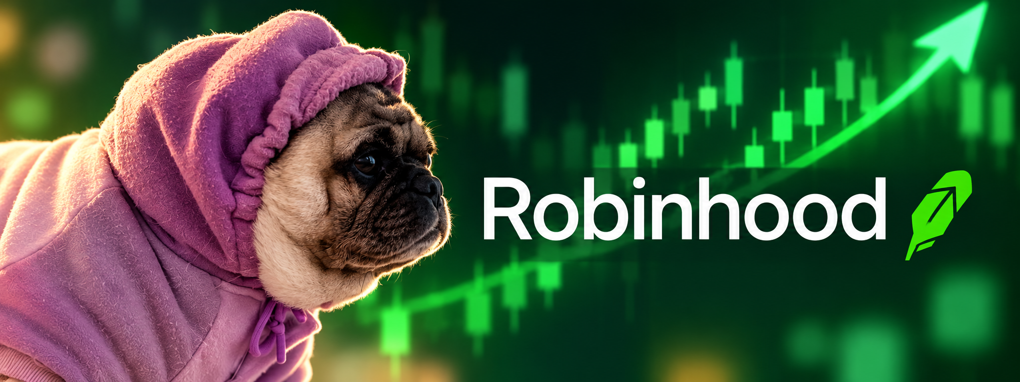 Chloe in a purple hoodie beside a green chart and the Robinhood wordmark
